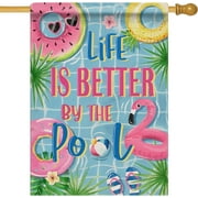 Summer Life is Better by The Pool 28 x 40 House Flag Double Sided, Flamingo Swim Rings Tropical Palm Leaves Garden Yard Decoration, Flip Flops Ball Outdoor Décor Decorative Large Flag